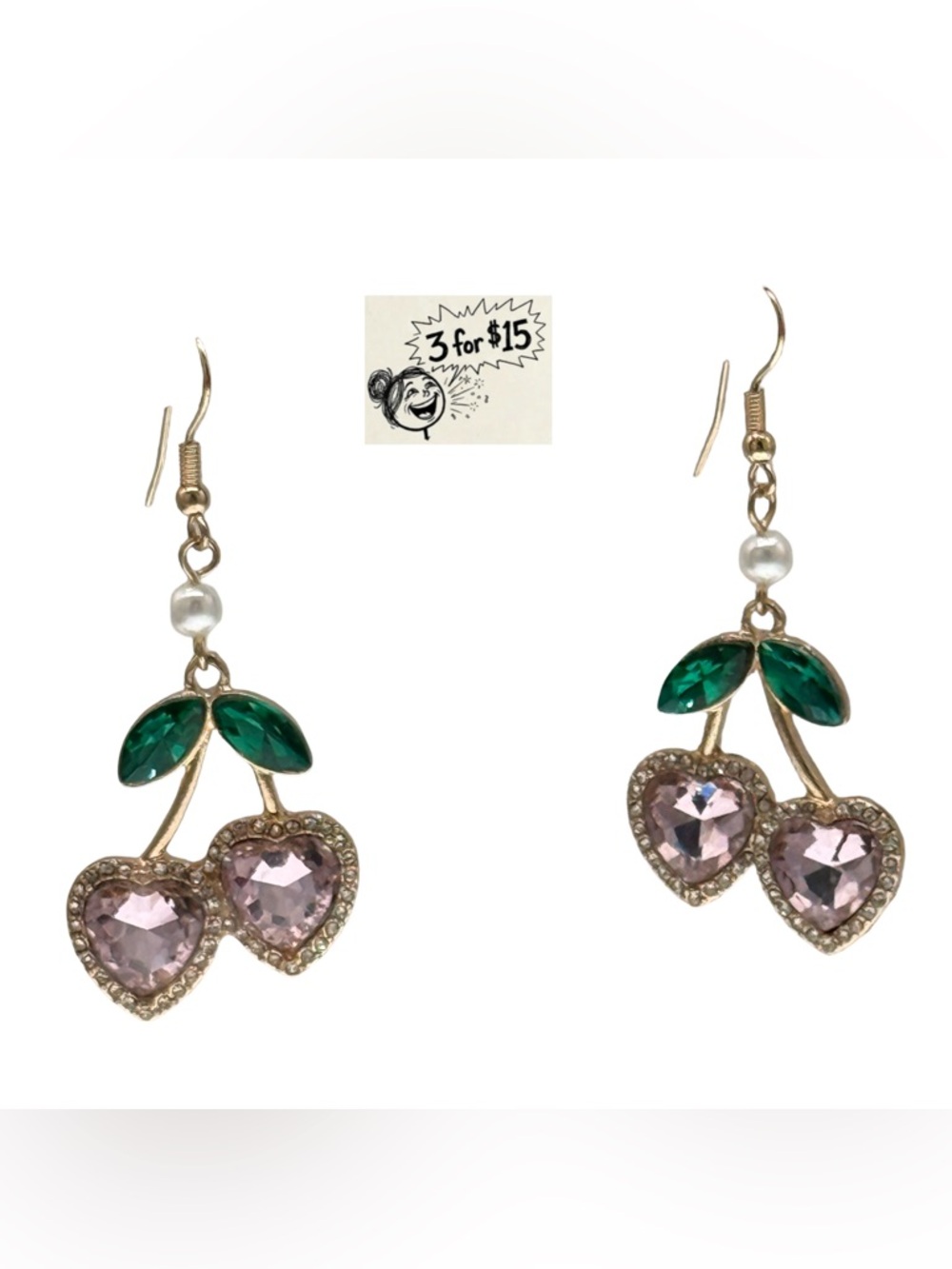 Sweet Society Cherry Heart Bling Drop Earrings - Pink Rhinestone Crystal Dangle